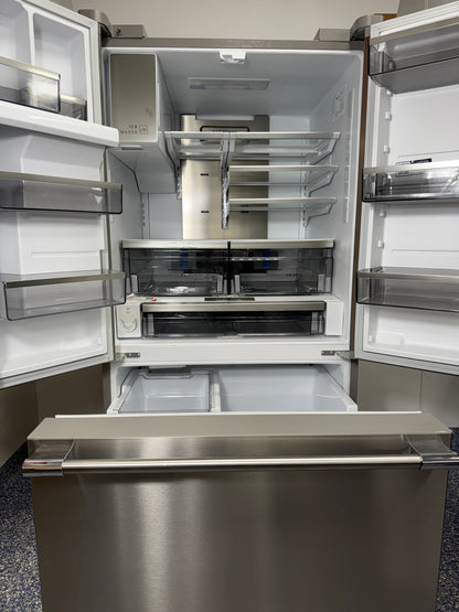 An overhead shot of the FRIGIDAIRE PRFS2883AF with both French doors open, showcasing the flexible SpaceWise® Organization System and LED lighting. On sale at Appliance Shark - Scratch & Dent store | Kansas City.
