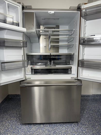 A view inside the main refrigerator compartment of the FRIGIDAIRE PRFS2883AF, highlighting the glass shelves, CrispSeal® Plus crispers, and adjustable temperature drawer. On sale at Appliance Shark - Scratch & Dent store | Kansas City.