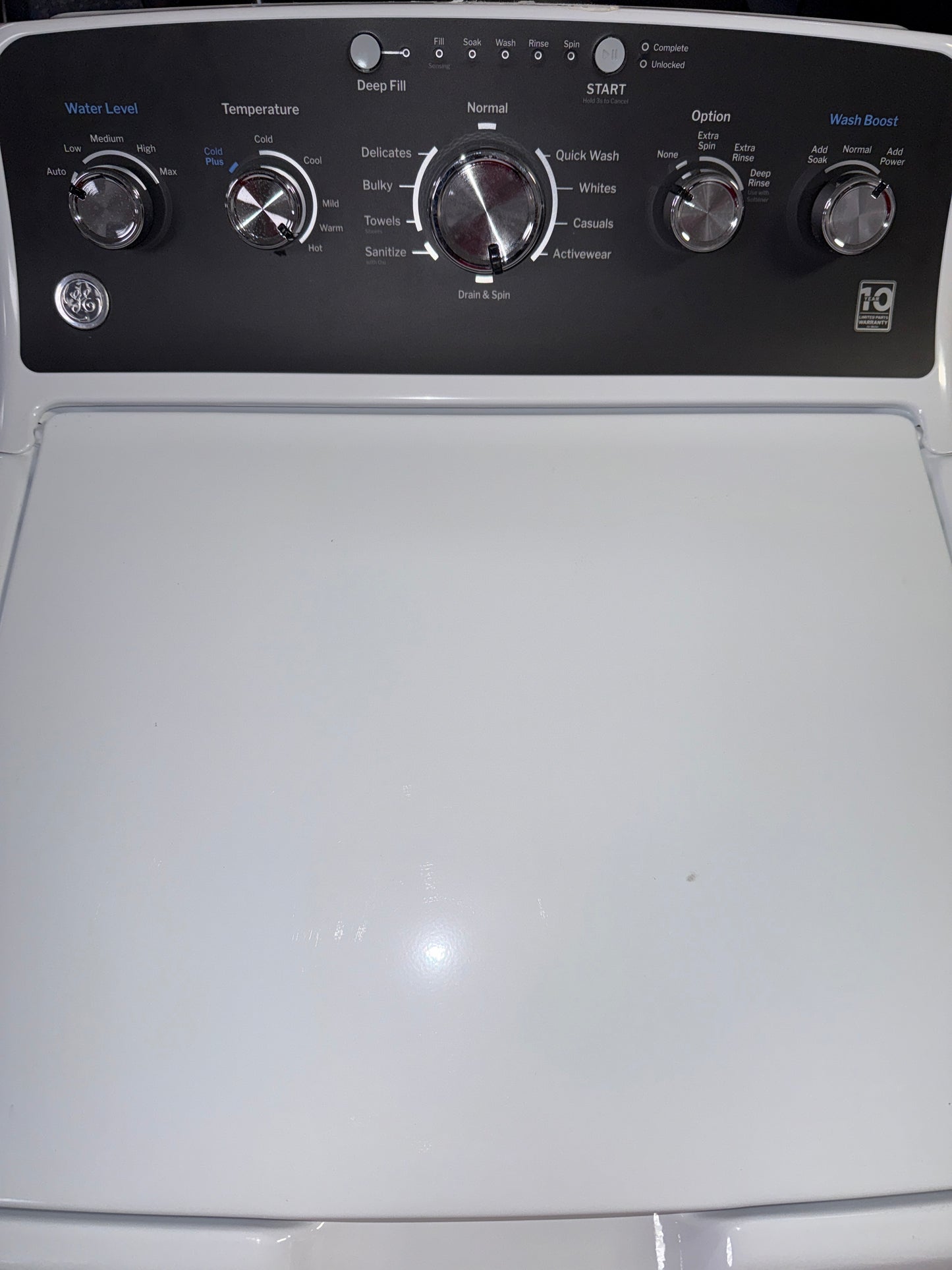 A view of the control panel on the GE GTW485ASW0WB, showing the Deep Fill option, for sale in Kansas.