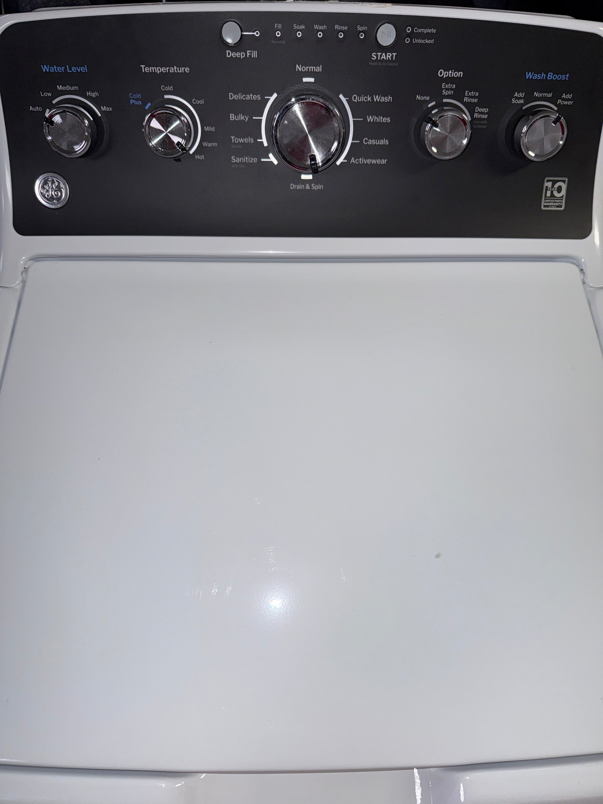 A view of the control panel on the GE GTW485ASW0WB, showing the Deep Fill option, for sale in Kansas.
