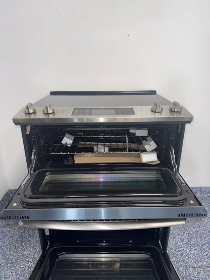 Open view showing upper and lower ovens of the GE JSS86SP8SS double oven range, featured in Kansas City homes.