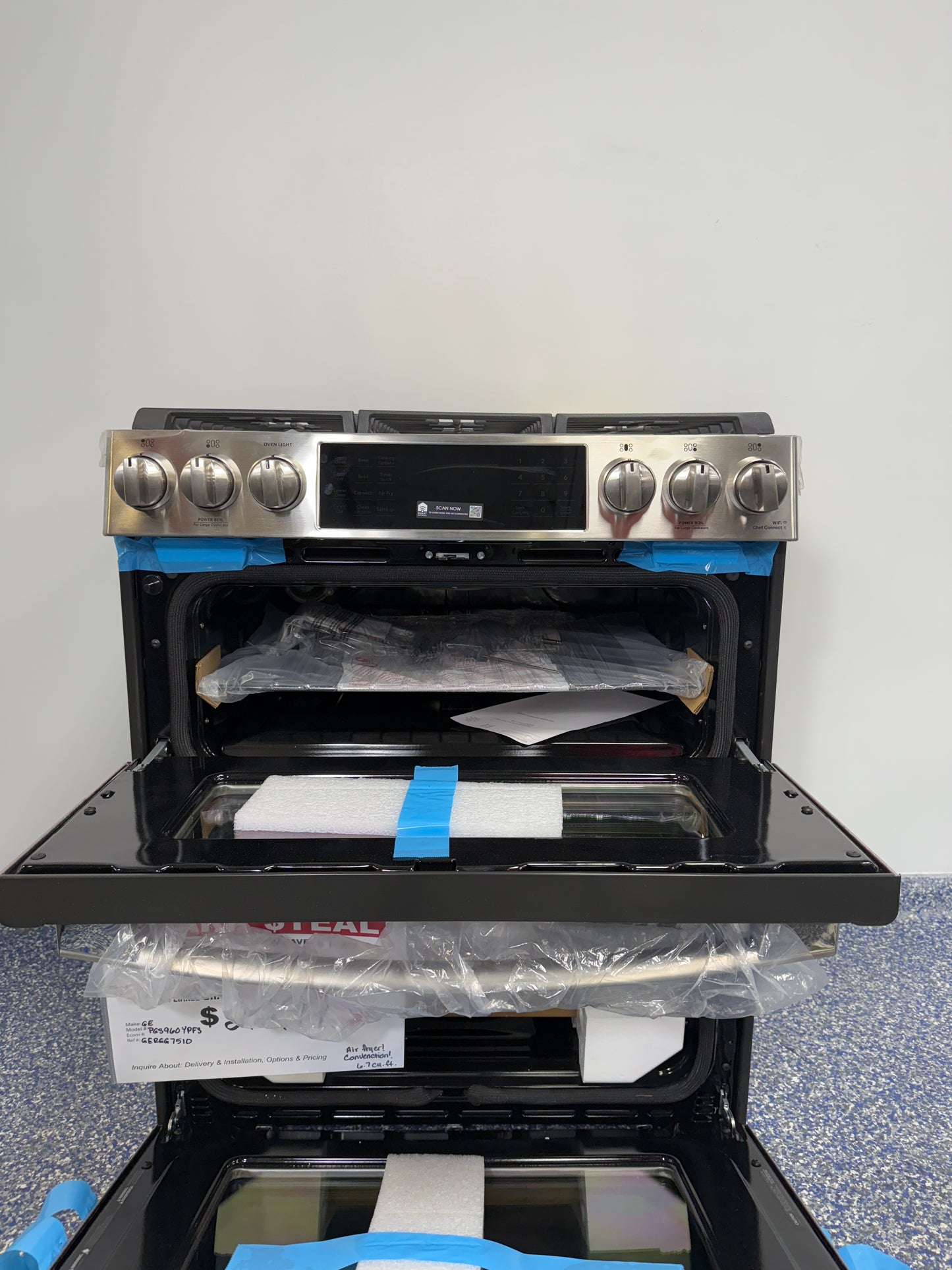 GE Profile PGS960YPFS double oven slide-in gas range in stainless steel, available at Appliance Shark as the best scratch and dent deal in Kansas City.