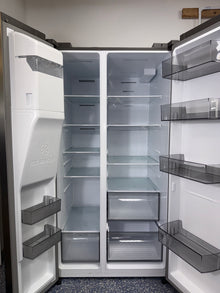 Interior view of HISENSE HRS290P5FSE refrigerator showing counter-depth and French door design, available in Kansas City.
