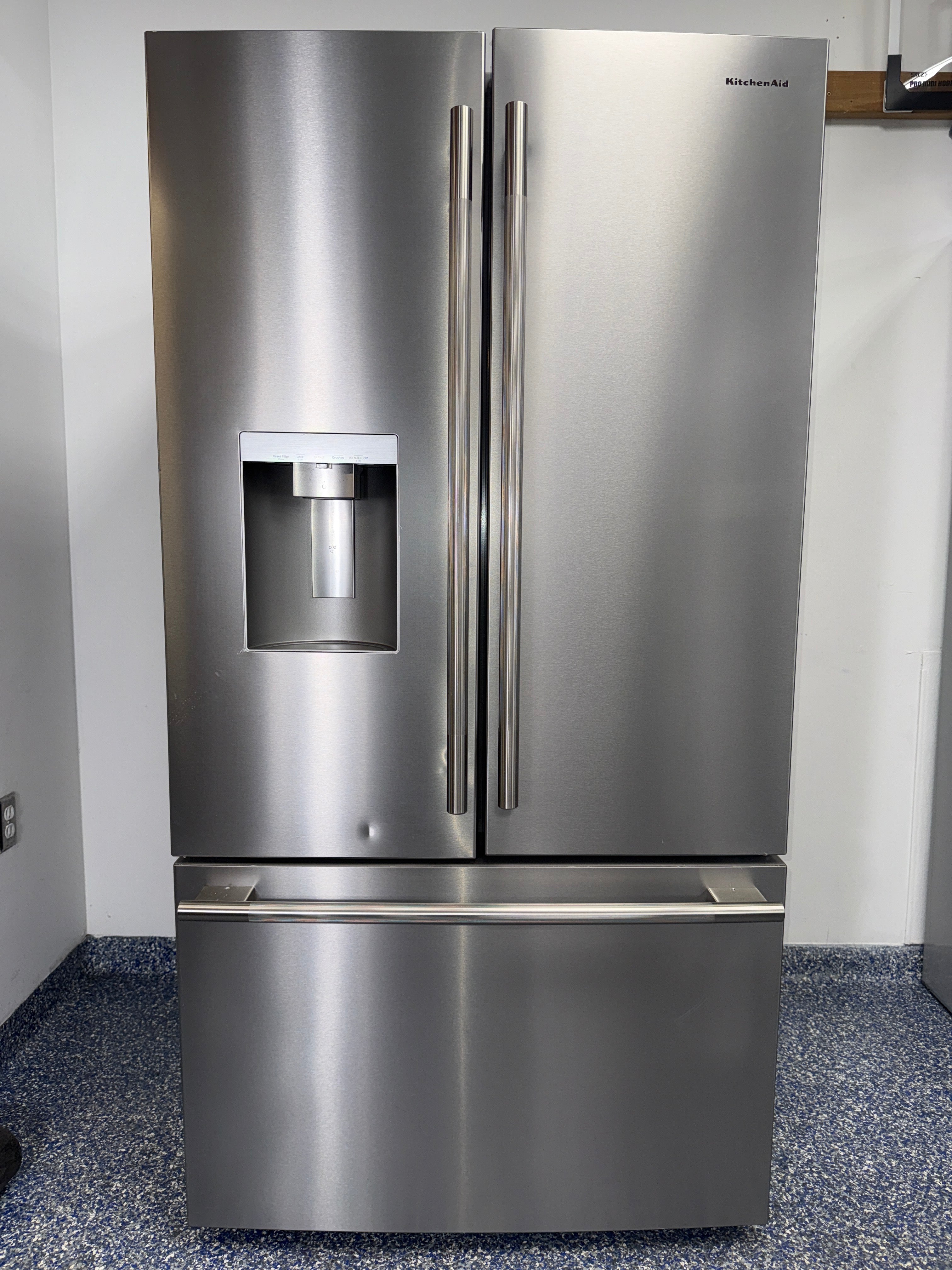 Front view of the KITCHENAID KRFF436SPS 25.8 cu ft French-door refrigerator in stainless steel, available in Overland Park, KS.