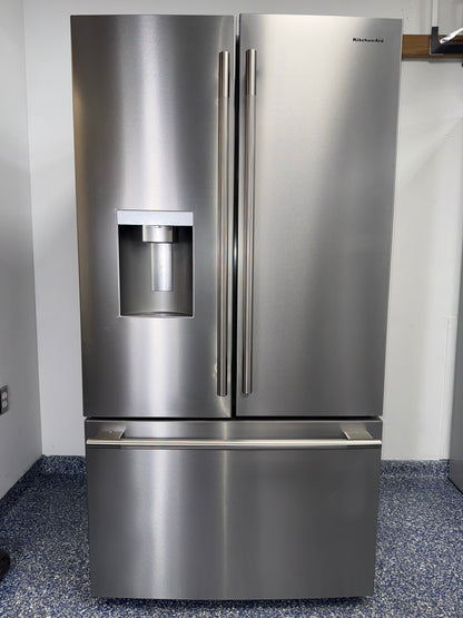 Front view of the KITCHENAID KRFF436SPS French door refrigerator with stainless steel finish in a Kansas City kitchen.