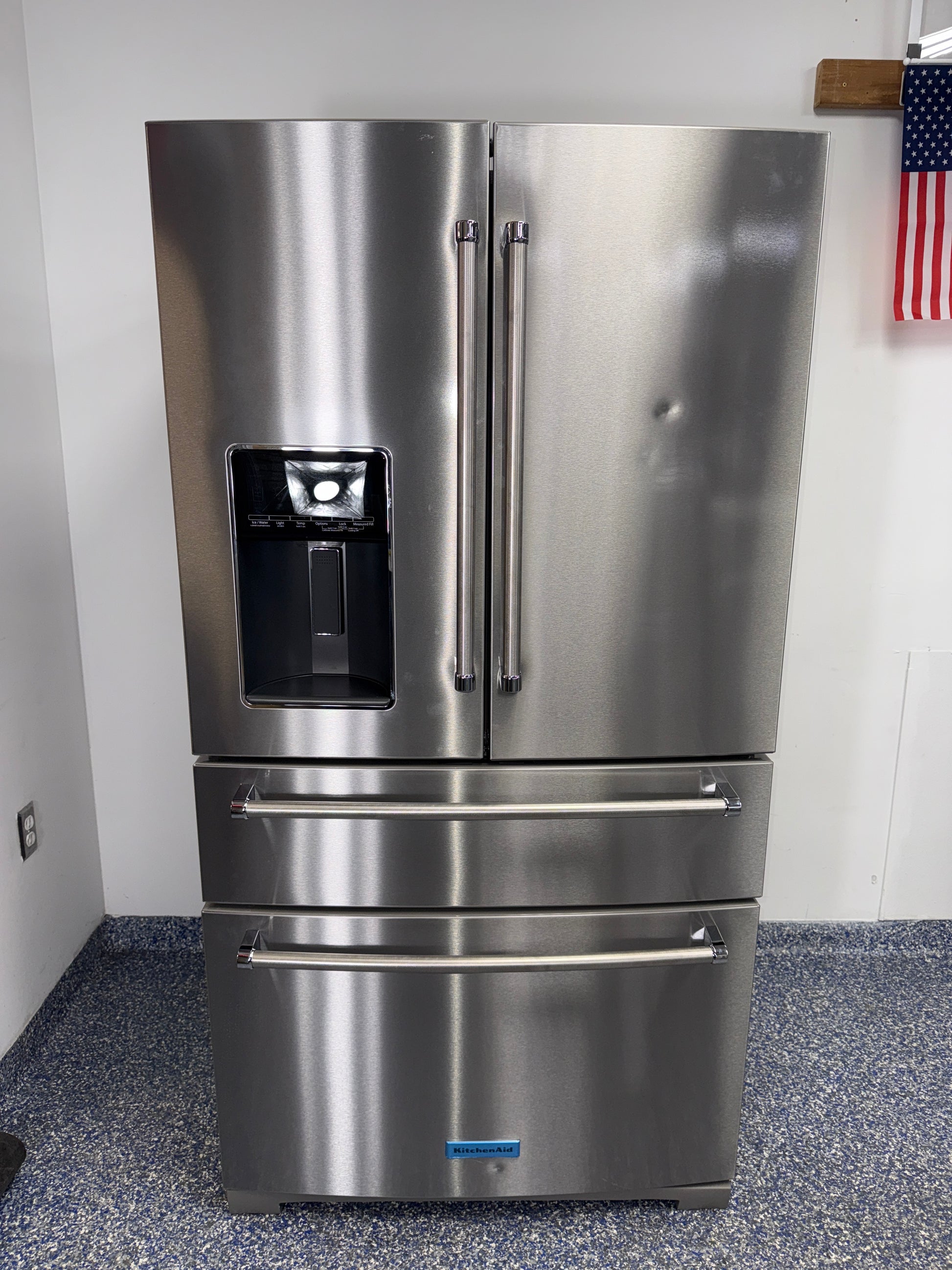 Front view of the KITCHENAID KRMF536RPS French door refrigerator available in Overland Park near Kansas City.