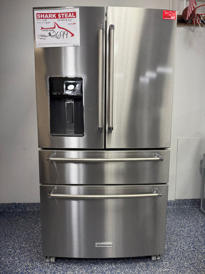 Front view of the KitchenAid KRMF536RPS 5-Door French Door Refrigerator in stainless steel. On sale at Appliance Shark - Scratch & Dent store | Kansas City.