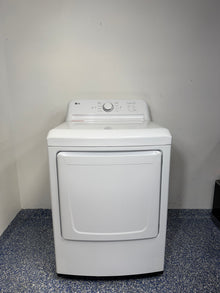 A full frontal image of the LG DLE6100W front-load electric dryer, highlighting its clean white finish and control panel. On sale at Appliance Shark - Scratch & Dent store | Kansas City.