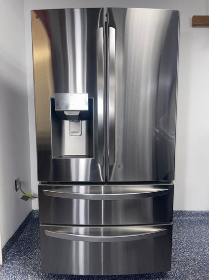 A close-up view of the Dual Ice Maker on the LG refrigerator, model LRMXS2806S, an ideal appliance for homes in Overland Park, KS.