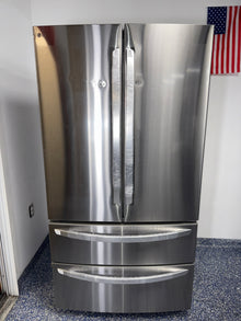 Front view of the LG LMWS29626S 29 cu ft 4-door French Door refrigerator in PrintProof™ stainless steel, available in Overland Park, KS.