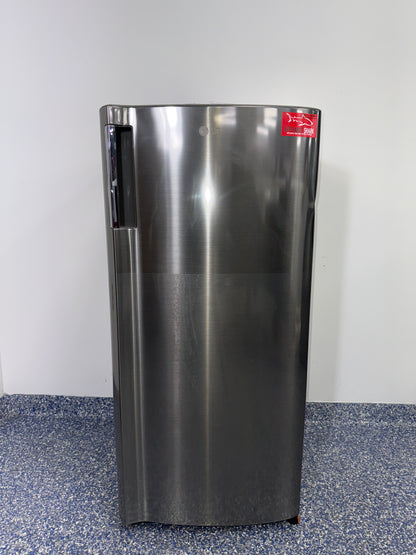 Adjustable glass shelving inside LG LRONC0605V compact refrigerator, available as a scratch and dent deal in Kansas City.