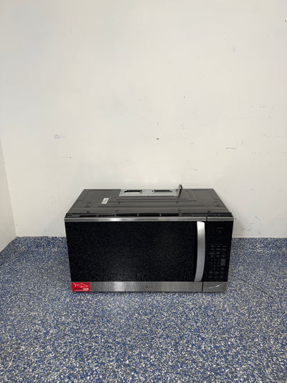 A full frontal image of the LG MVEM1825F over-the-range microwave, highlighting its PrintProof™ Stainless Steel finish, recessed pocket handle, and sleek modern design. On sale at Appliance Shark – Scratch & Dent store | Kansas City.