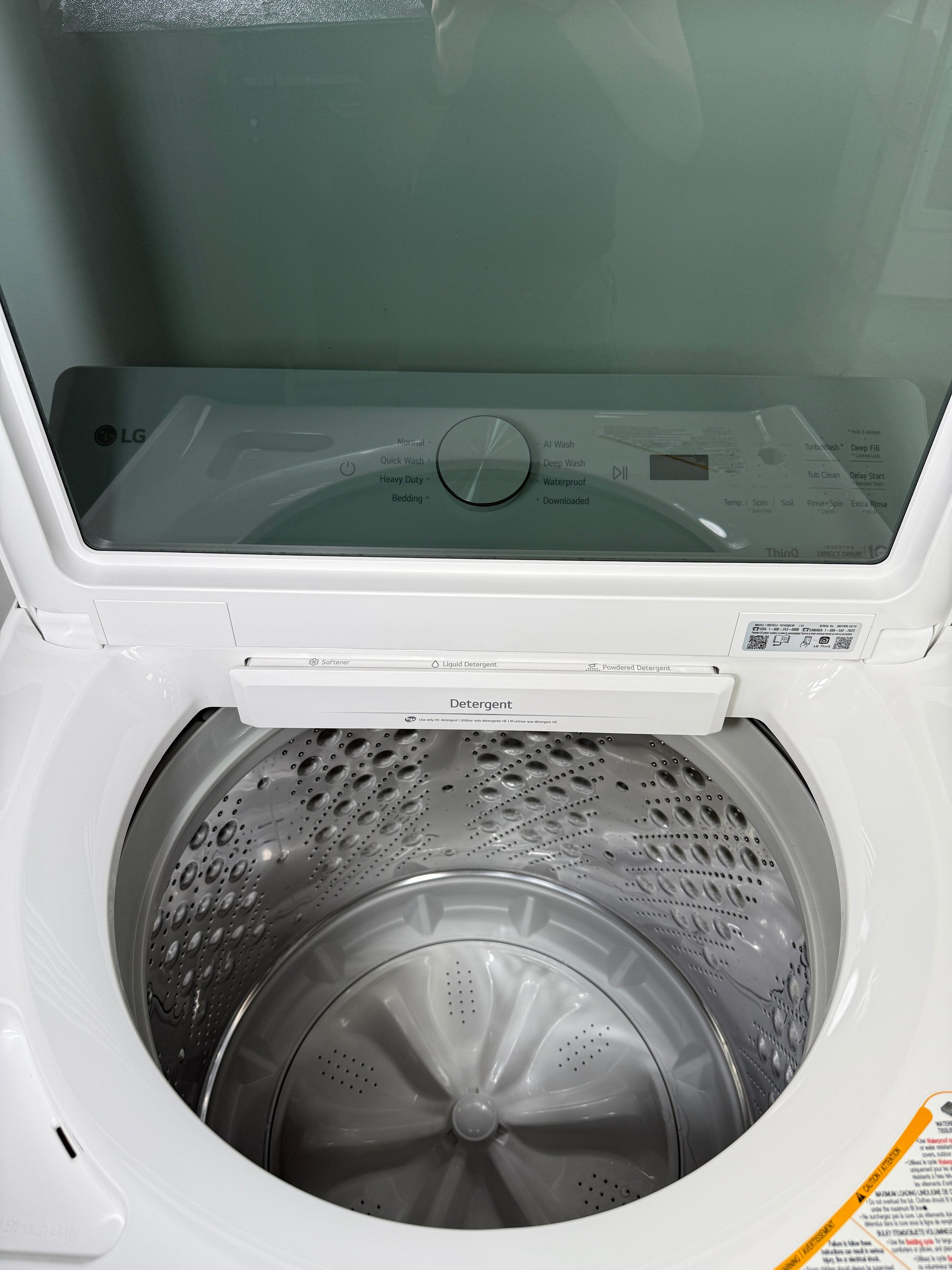 A close-up view of the agitatorless TurboDrum™ inside the WT8200CW washer, engineered for a fast and thorough clean.