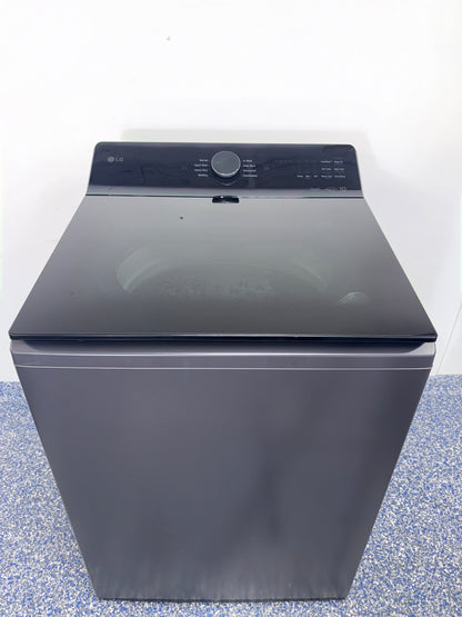 Open-lid view showing the stainless steel washplate of the LG WT8600CB washer, featured in Kansas City homes.