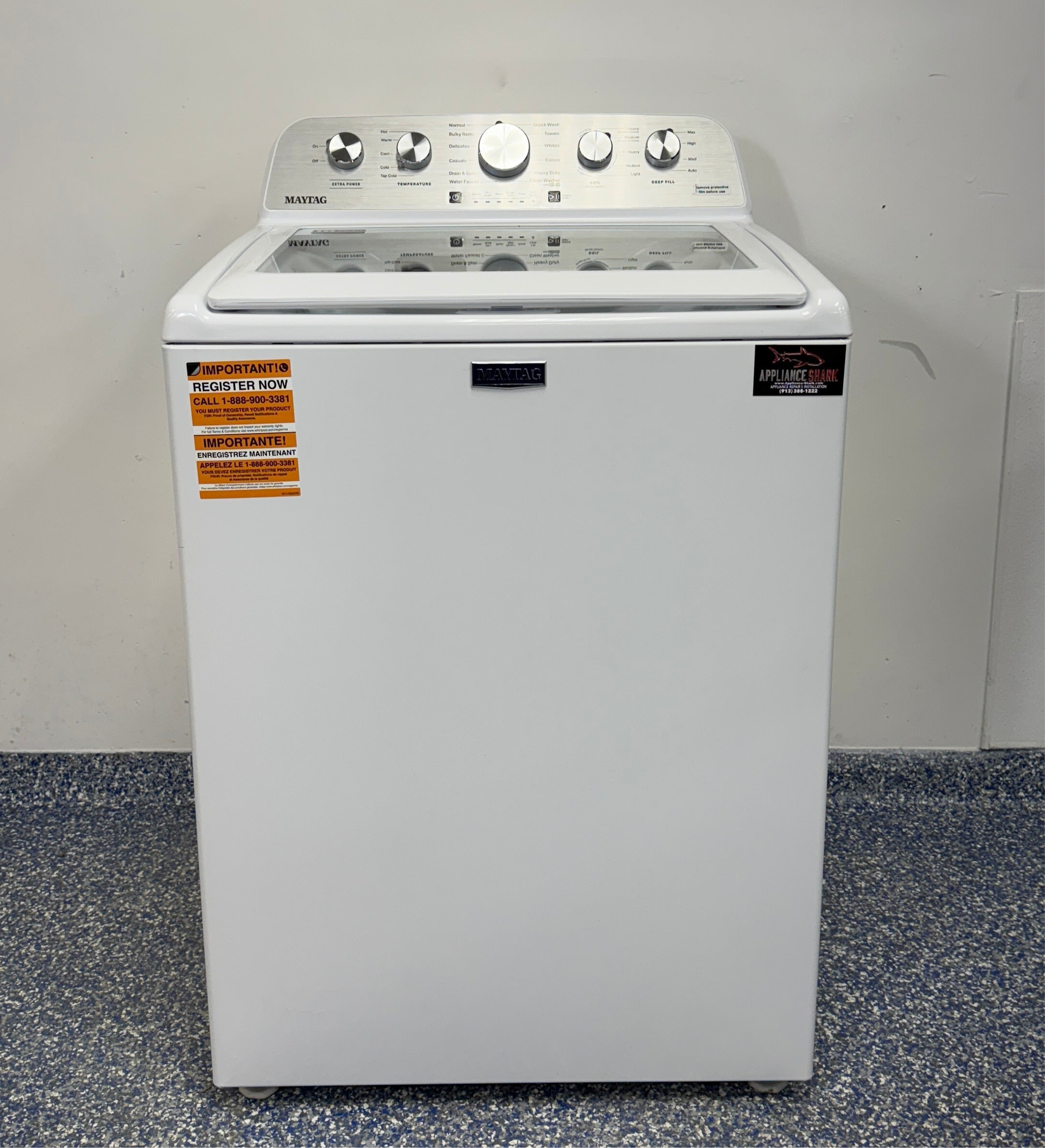 The interior of the MAYTAG MVW5435PW washer, showing its Deep Fill Option, an ideal appliance for homes in Overland Park.