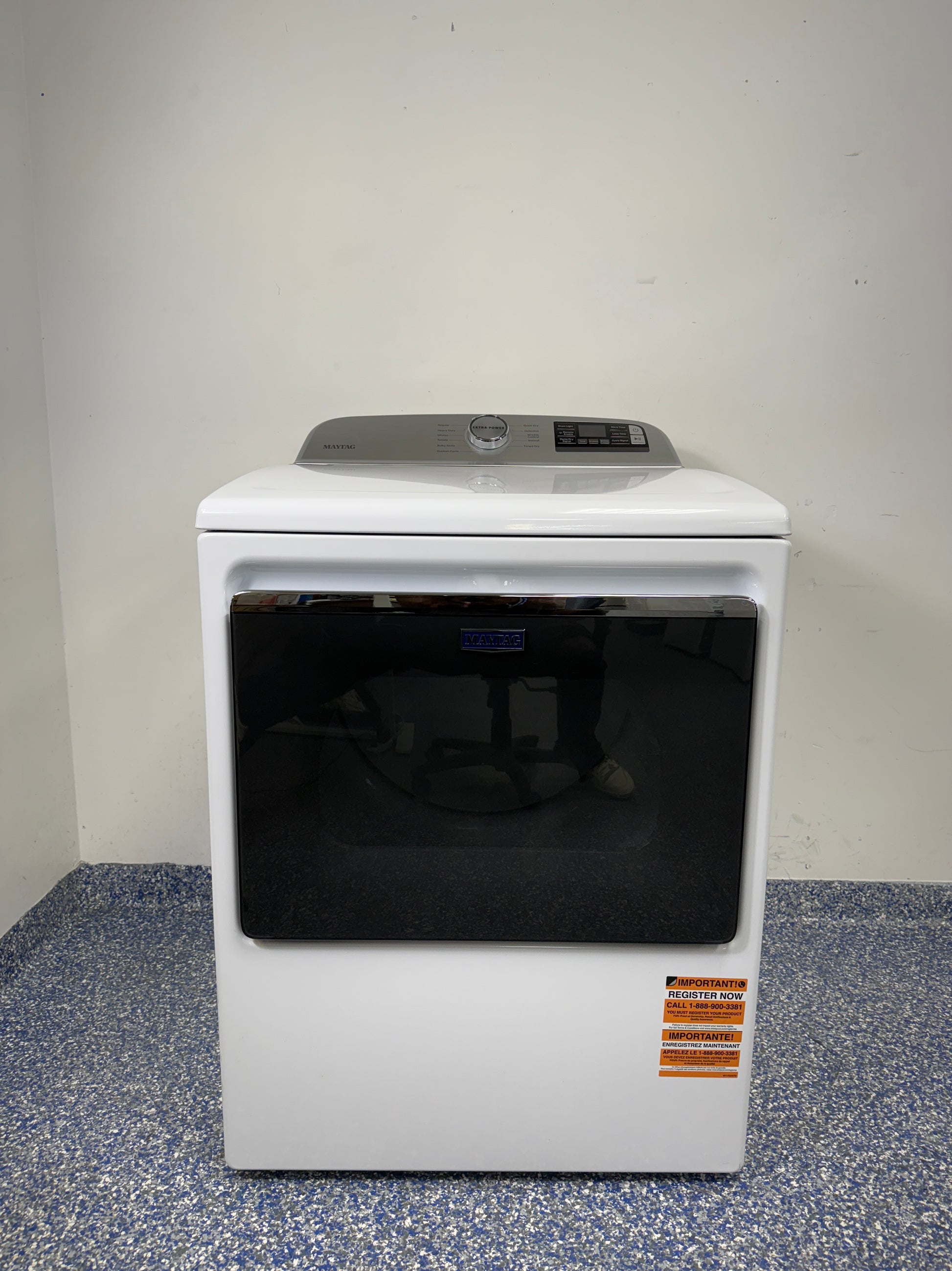 MAYTAG MED6230HW electric dryer with large capacity, hamper door, and smart capability functions available at Appliance Shark in Overland Park.