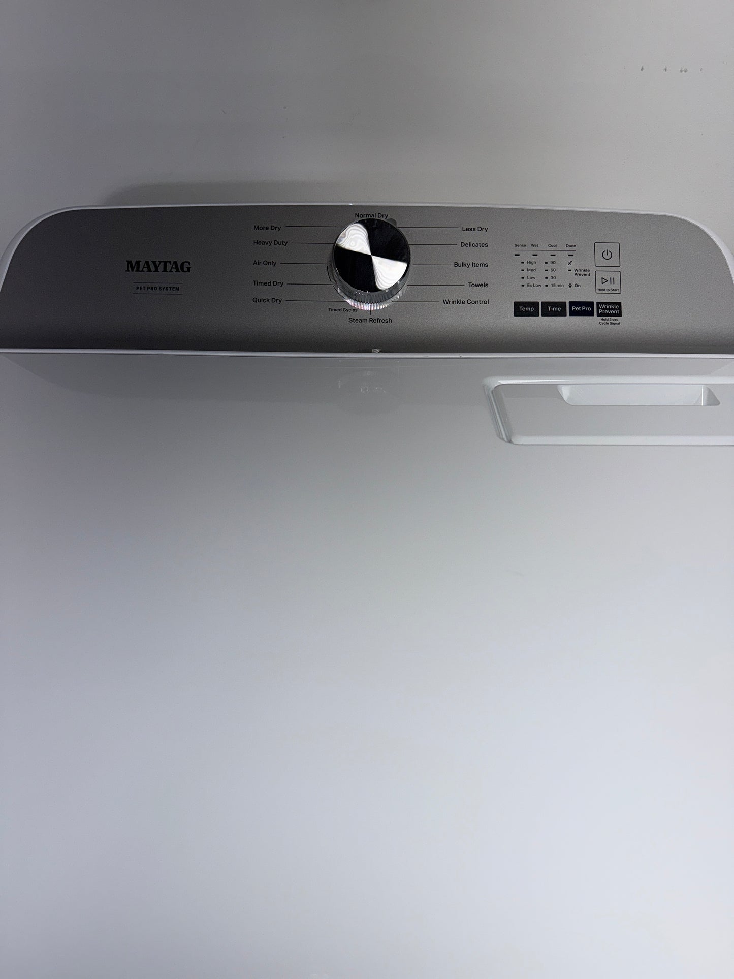 A close-up view of the control panel on the MAYTAG MED6500MW, highlighting the Sanitize Cycle option, for sale in Kansas.