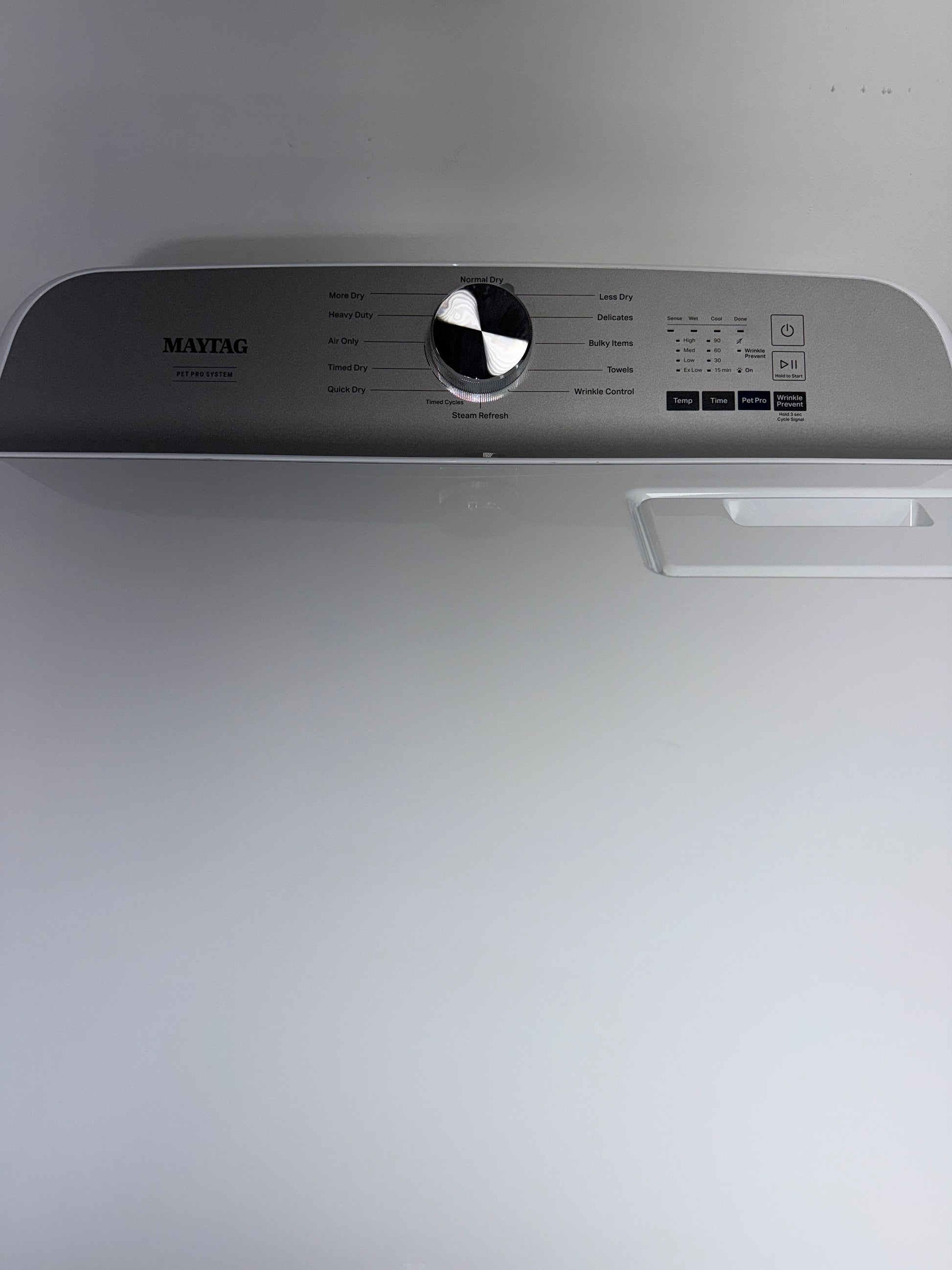 A close-up view of the control panel on the MAYTAG MED6500MW, highlighting the Sanitize Cycle option, for sale in Kansas.