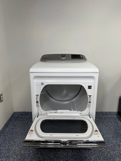 An overhead shot of the Maytag MED7230HW with the hamper-style door open, showcasing the spacious drum interior. On sale at Appliance Shark - Scratch & Dent store | Kansas City.