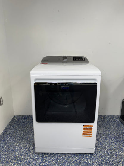 A full frontal image of the Maytag MED7230HW electric dryer, highlighting its clean white finish and control panel. On sale at Appliance Shark - Scratch & Dent store | Kansas City.