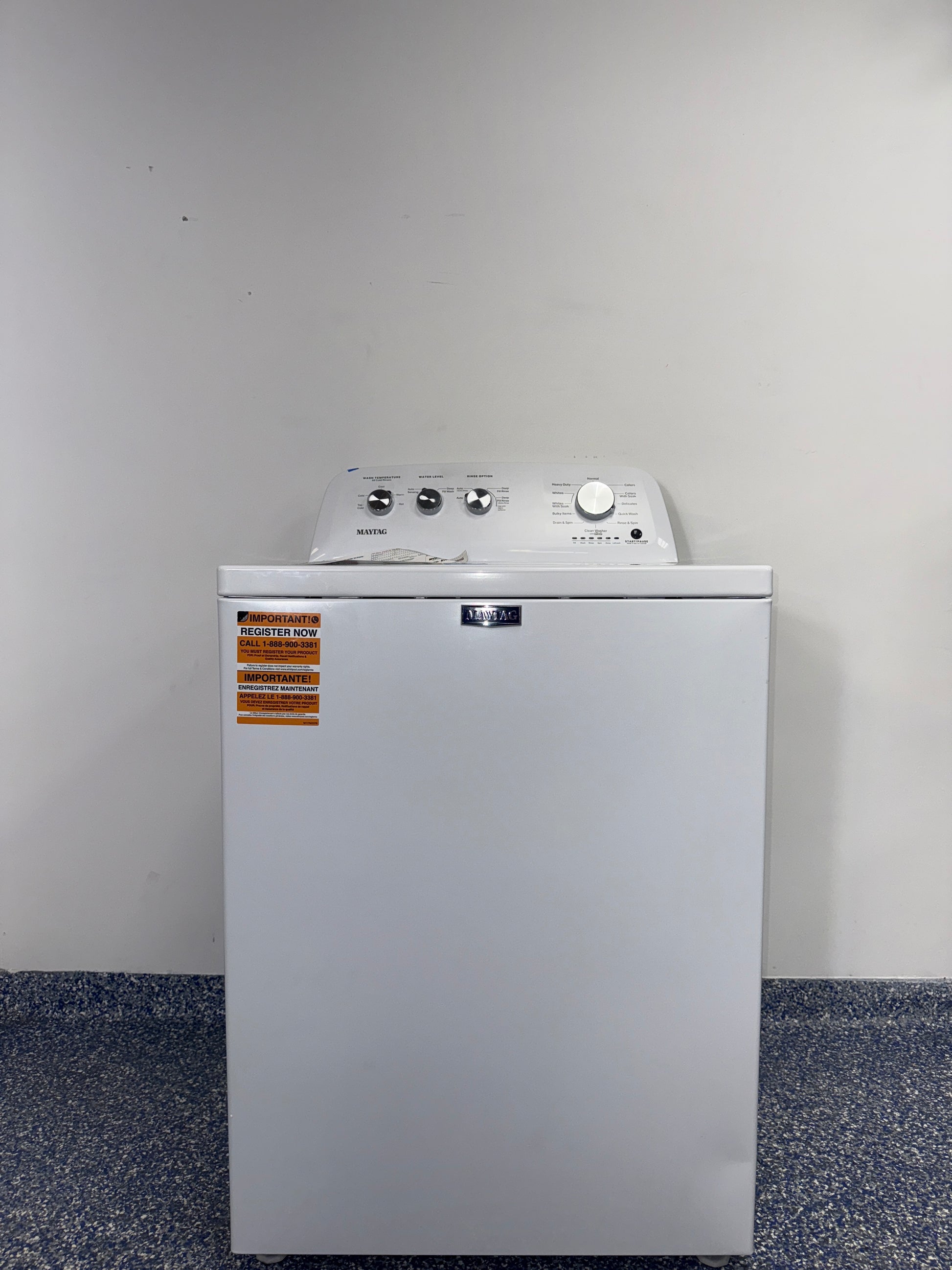 The MAYTAG MVW4505MW0 top load washer from the front, highlighting its Deep Fill option and a great deal in Kansas.