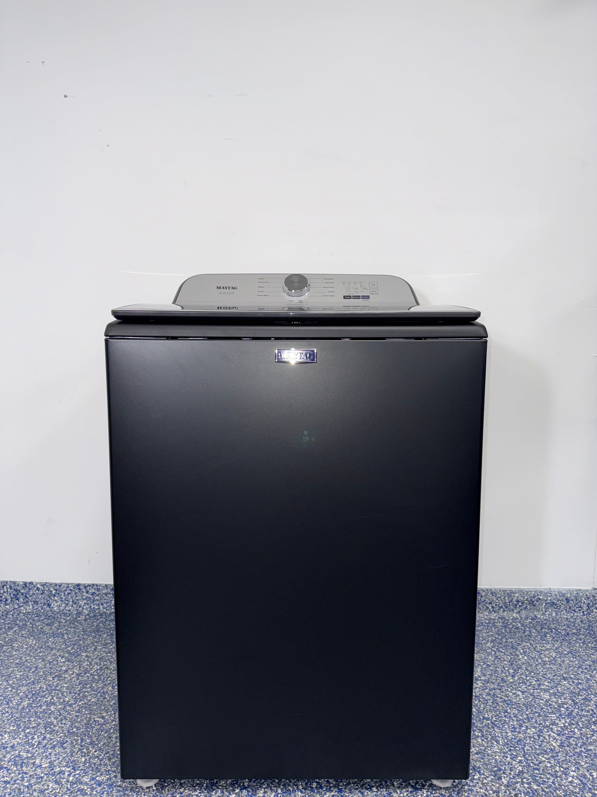 A close-up view of the control panel on the MAYTAG MVW6500MBK washer, showcasing its Advanced Vibration Control, perfect for an Overland Park, KS home.
