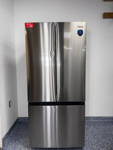 A front view of the MIDEA MRF18B4AST French door refrigerator, highlighting its exterior and a great deal in Kansas.