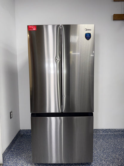 A front view of the MIDEA MRF18B4AST French door refrigerator, highlighting its exterior and a great deal in Kansas.