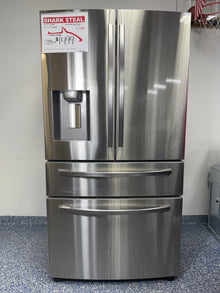 Front view of the Samsung RF28R7201SR 28 cu ft 4-Door French Door Refrigerator in stainless steel. On sale at Appliance Shark - Scratch &amp; Dent store | Kansas City.