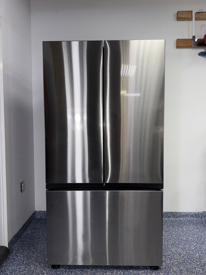 Front view of the SAMSUNG RF30BB6600QLAA 30.1 cu ft Bespoke 3-Door French-Door refrigerator in stainless steel, available in Overland Park, KS.