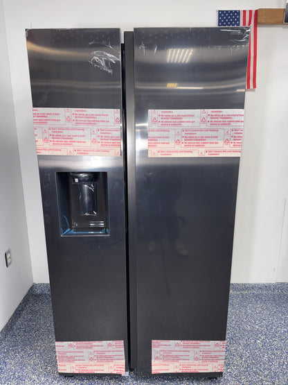 Front view of the SAMSUNG RS27T5200SG 27.4 cu ft side-by-side refrigerator in fingerprint-resistant black stainless steel, available in Overland Park, KS.