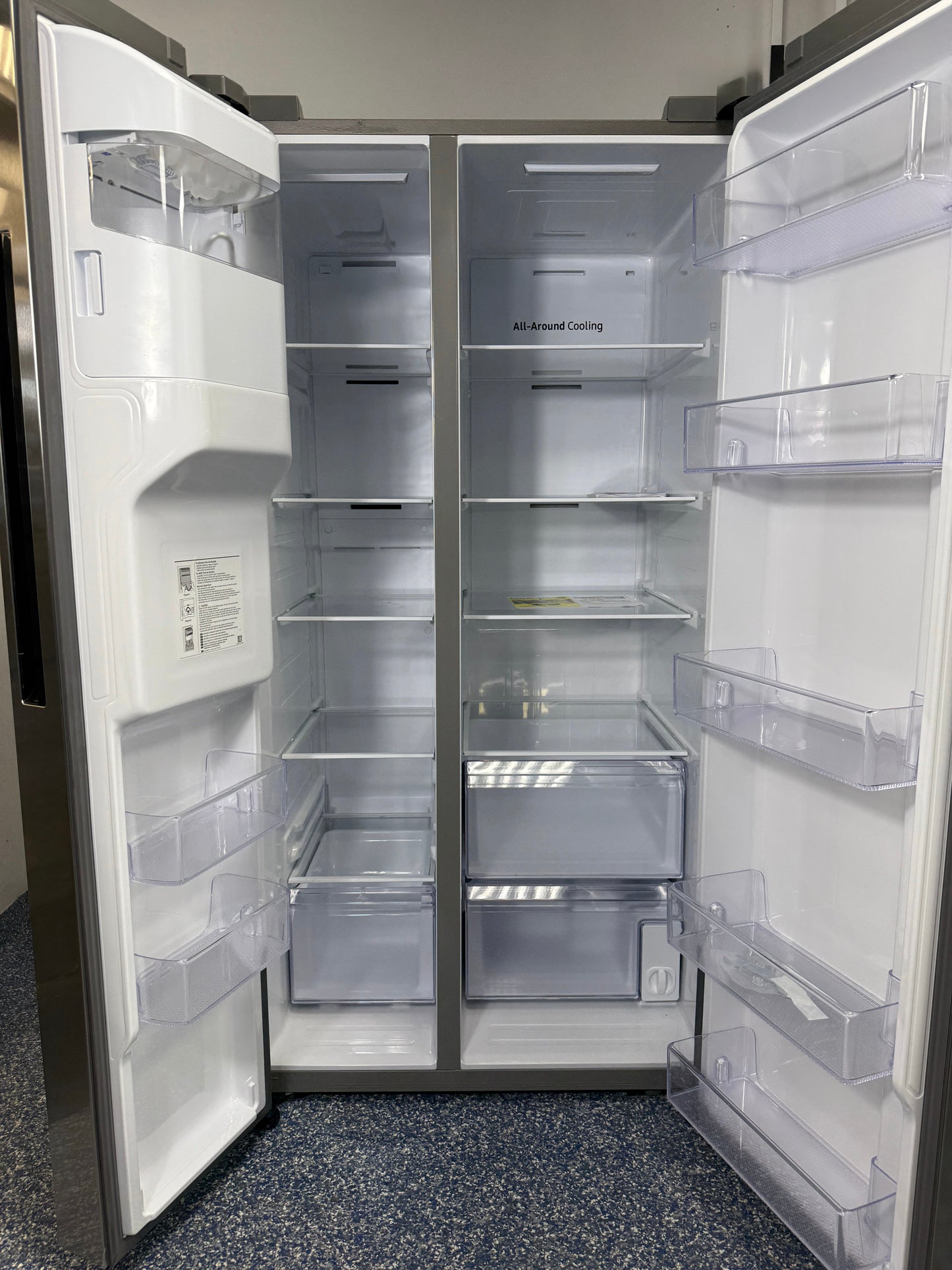 SAMSUNG RS27T5200SR side-by-side refrigerator exterior water and ice dispenser in Overland Park near Kansas City