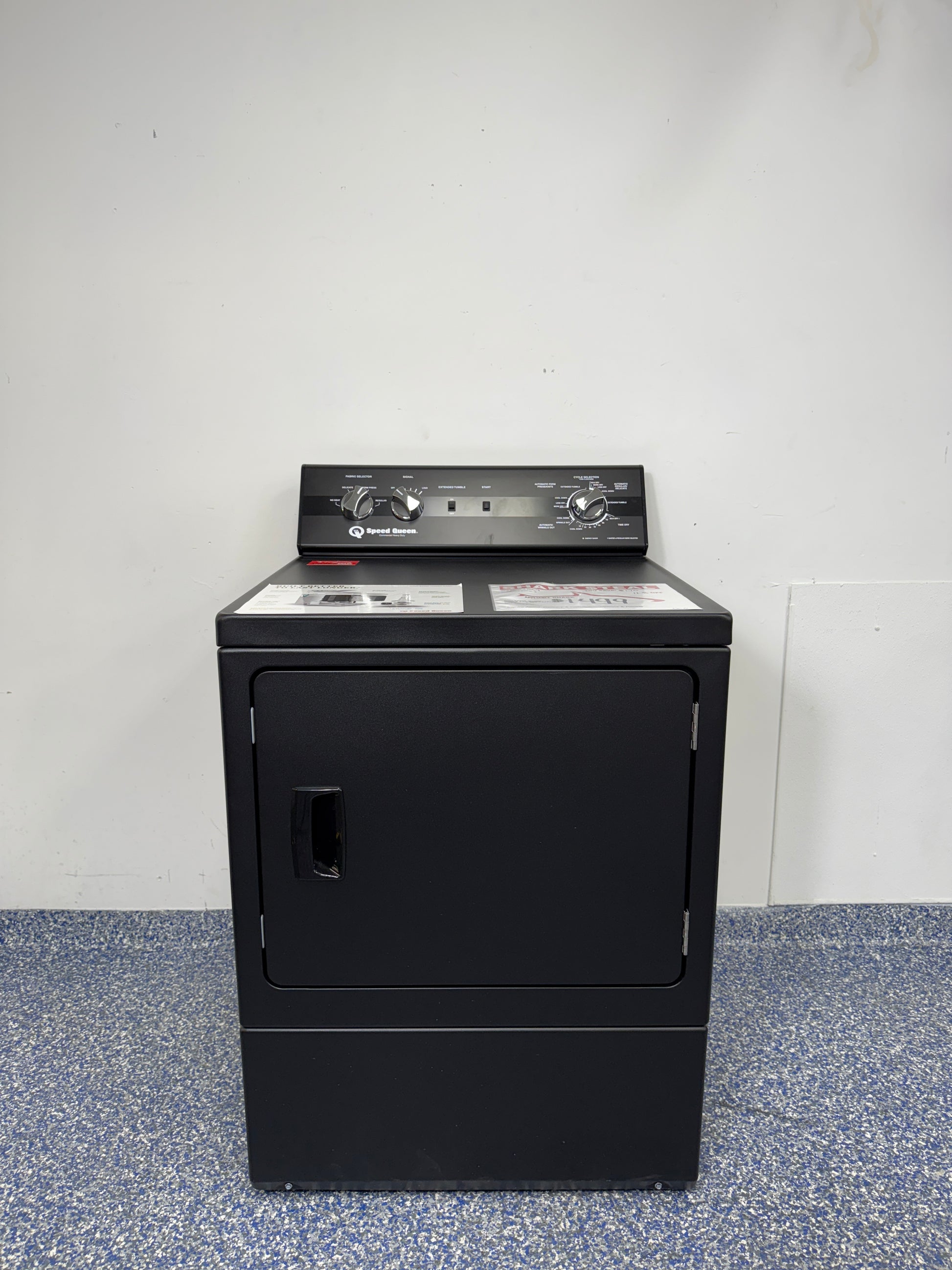 Speed Queen DC5 7.0 cu ft black front load dryer (DC5003BE) front view at Appliance Shark