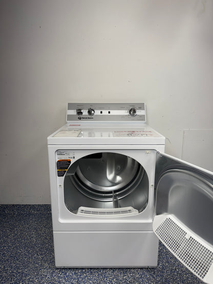 Speed Queen DC5 white front load dryer open door showing 7.0 cu ft drum (DC5003WE)