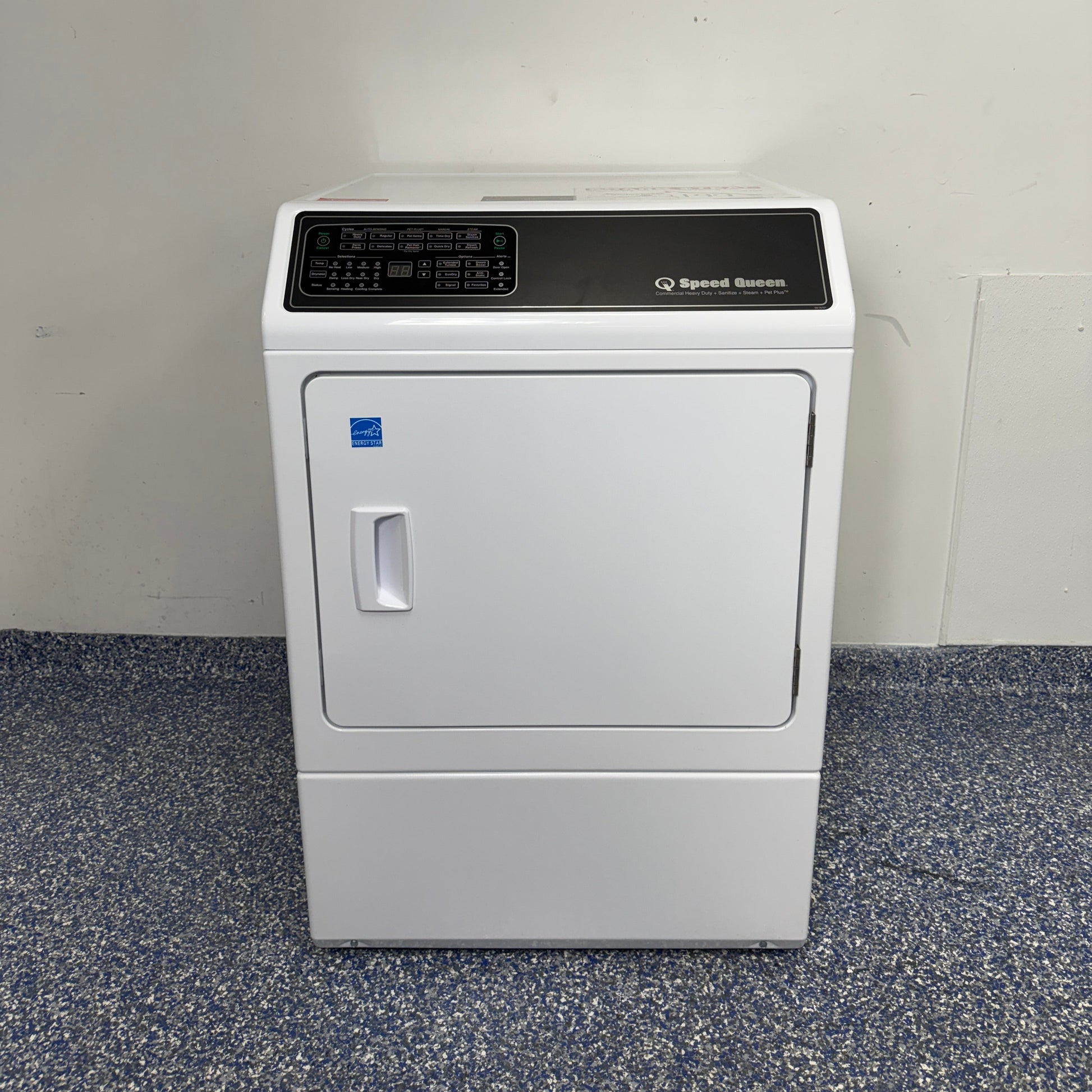 Speed Queen DF7 7.0 cu ft white front load dryer (DF7004WE) front view at Appliance Shark