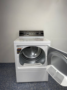 Speed Queen DR5 white dryer open door showing 7.0 cu ft drum (DR5004WE)