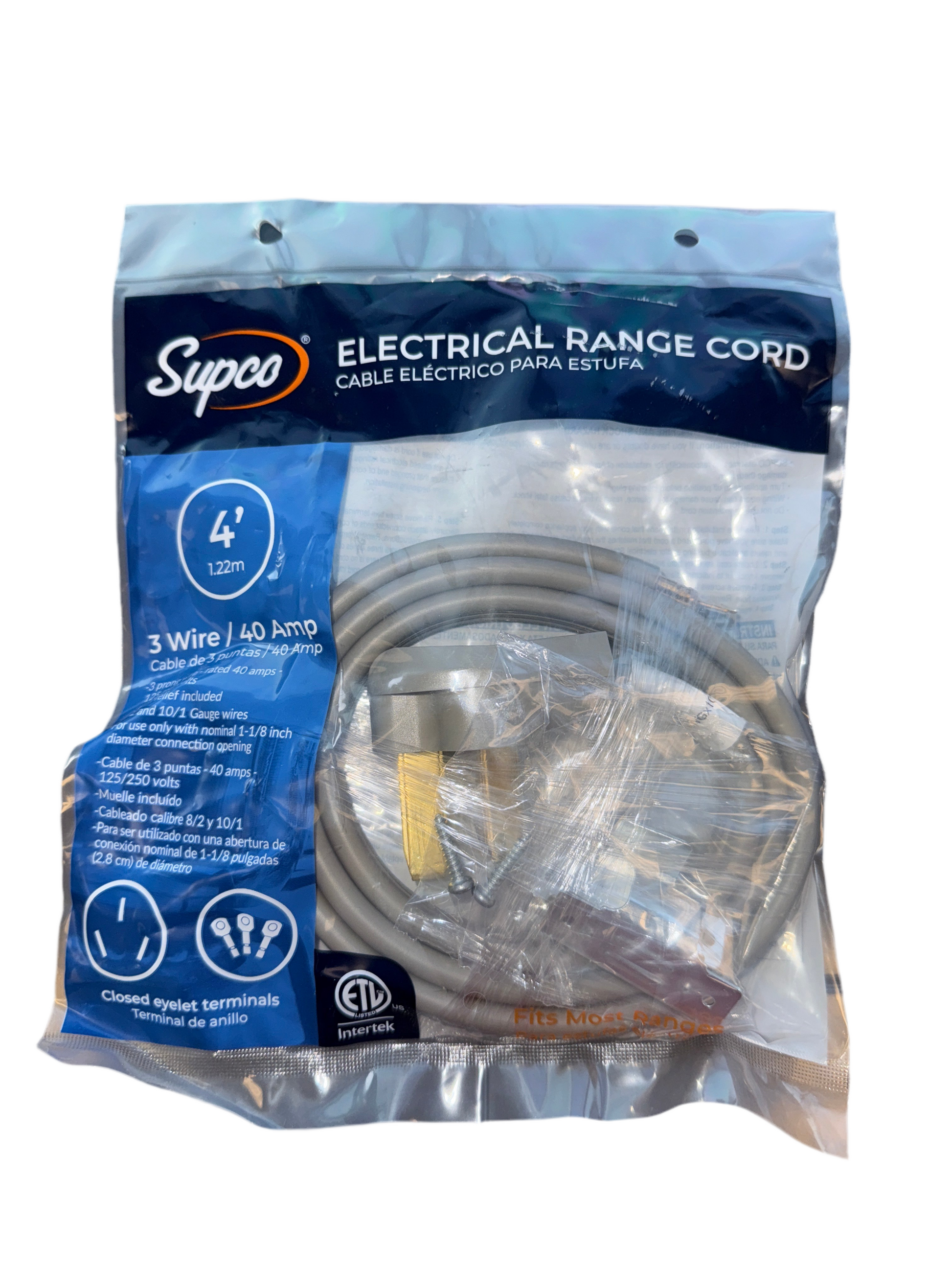 The SUPCO SRC3-40-4 3-prong, 4 ft. electric range power cord, highlighting its heavy-duty construction and a great deal in Kansas.