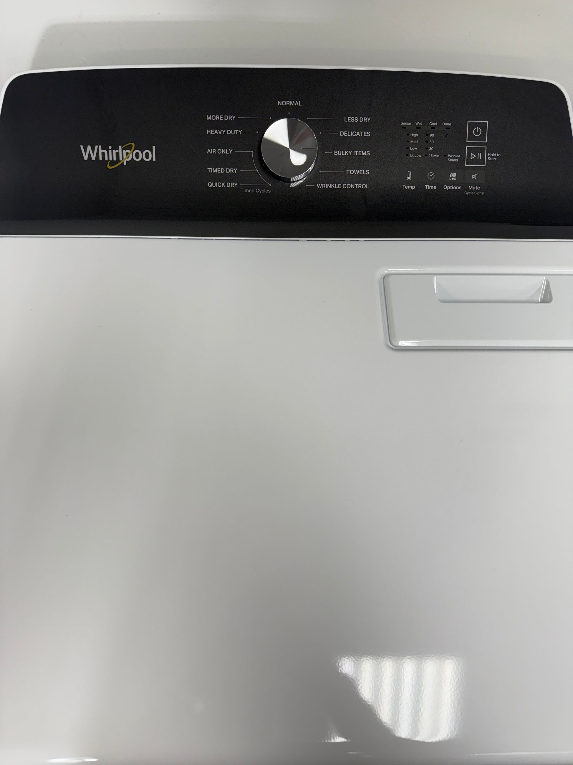 The WHIRLPOOL gas dryer, model WGD5010LW, built with a heavy-duty motor, available at Appliance Shark.