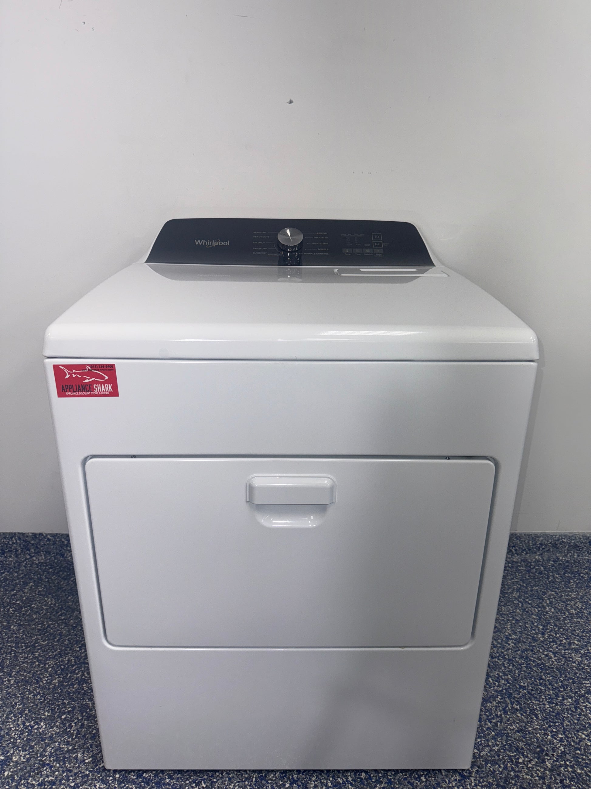 Whirlpool WED5010LW front view white electric dryer Kansas City laundry room