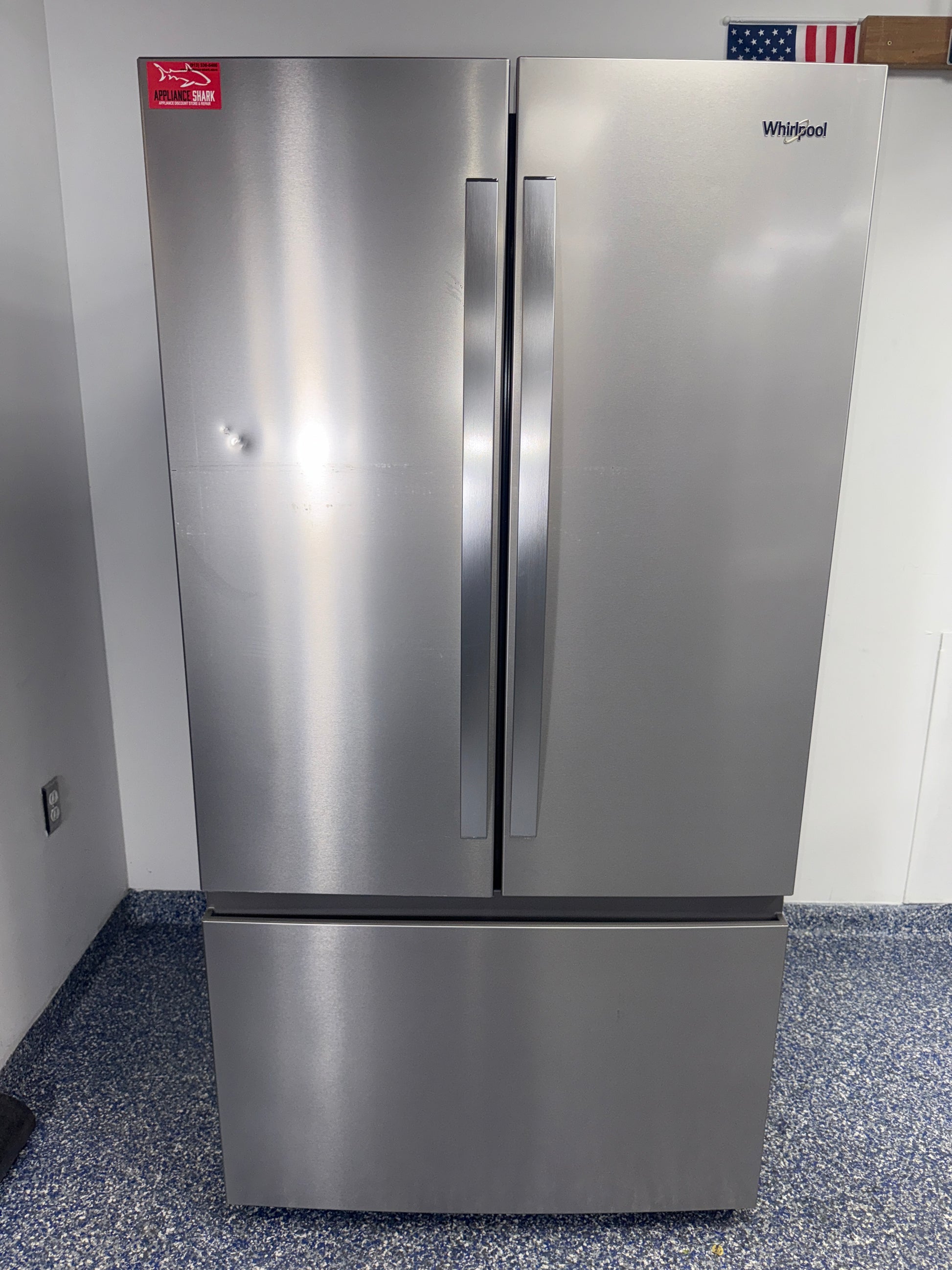 Front view of the WHIRLPOOL WRFF3136SZ 20 cu ft French-door refrigerator in stainless steel, available in Overland Park, KS.