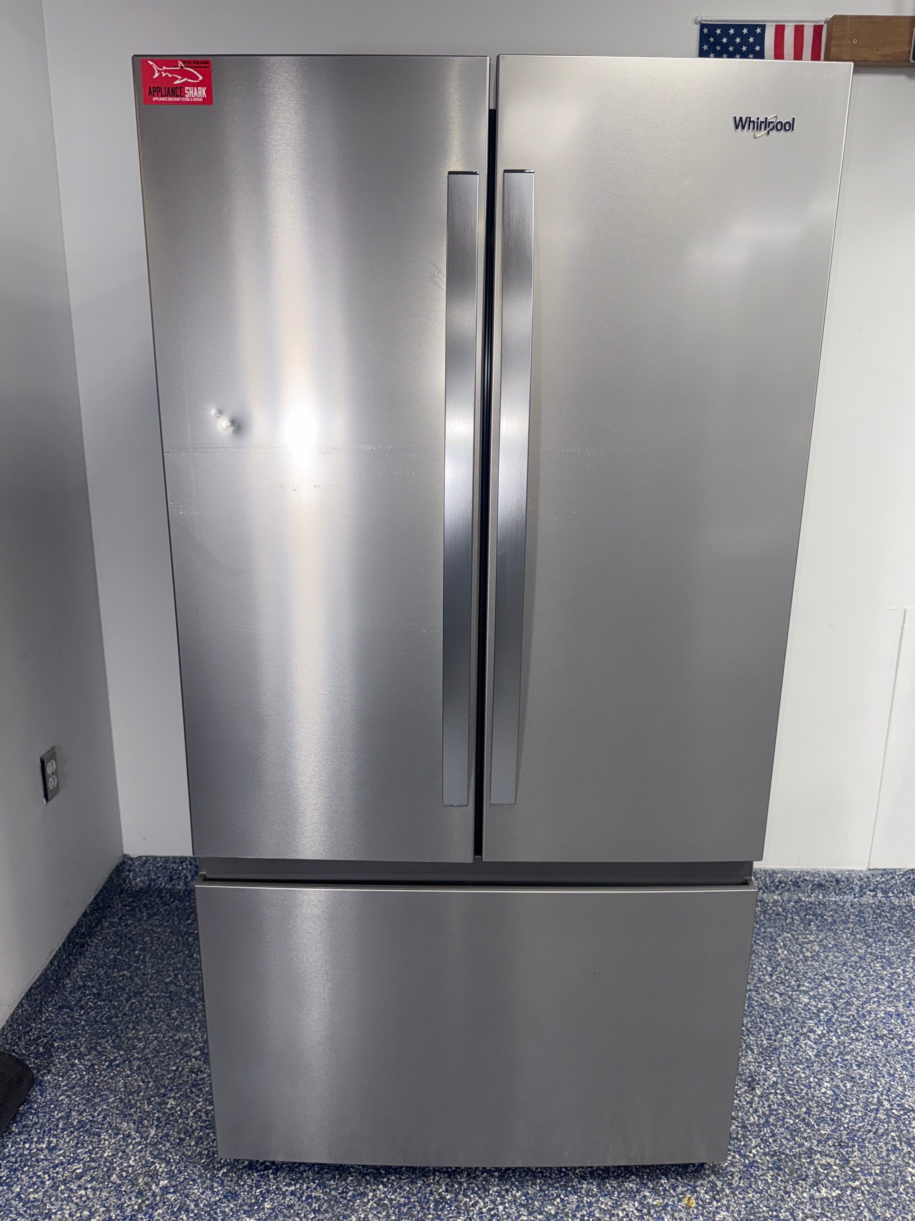 Front view of the WHIRLPOOL WRFF3136SZ 20 cu ft French-door refrigerator in stainless steel, available in Overland Park, KS.