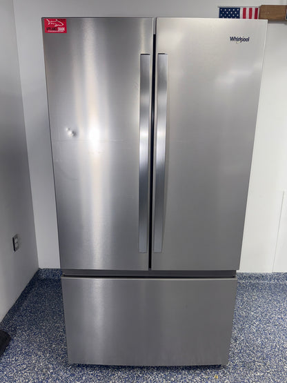 Front view of the WHIRLPOOL WRFF3136SZ 20 cu ft French-door refrigerator in stainless steel, available in Overland Park, KS.