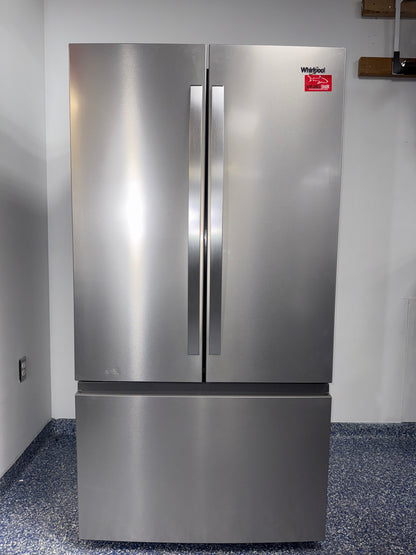 A front view of the WHIRLPOOL WRFF3136SZ refrigerator, highlighting its In-Door-Ice System and a great deal in Kansas.