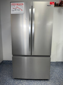 Front view of the Whirlpool WRFF3136SZ 36-inch French door refrigerator with doors closed. On sale at Appliance Shark - Scratch & Dent store | Kansas City.