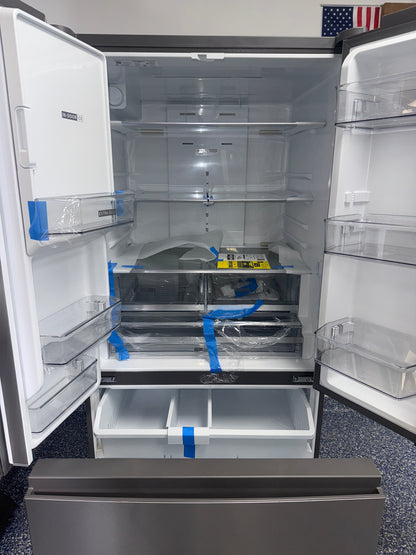Interior shot of the WHIRLPOOL WRFF3536SZ refrigerator showing adjustable glass shelves and crispers, featured in Kansas City.