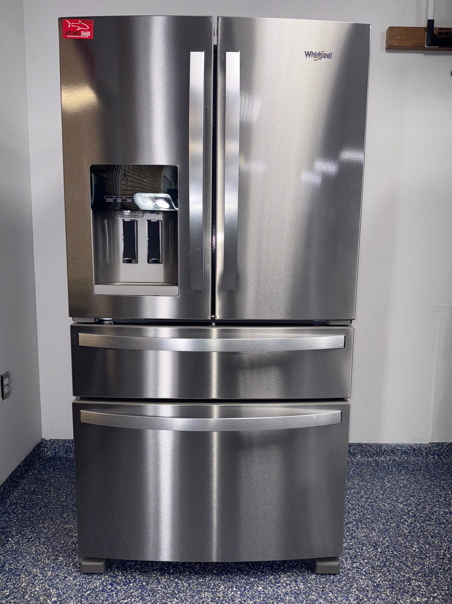 Front view of the WHIRLPOOL WRMF3636RZ00 26 cu ft French-door refrigerator in stainless steel, available in Overland Park, KS.
