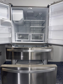 Interior view showing LED lighting and shelving layout of the WHIRLPOOL WRMF3636RZ00 refrigerator, featured in Kansas City homes.