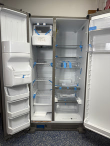 Front view of the Whirlpool WRS315SDHZ refrigerator with both doors open, showing the spacious interior and adjustable shelving. On sale at Appliance Shark - Scratch & Dent store | Kansas City.