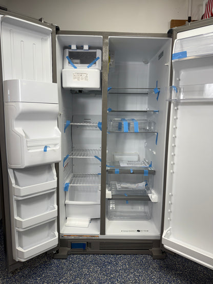 Front view of the Whirlpool WRS315SDHZ refrigerator with both doors open, showing the spacious interior and adjustable shelving. On sale at Appliance Shark - Scratch & Dent store | Kansas City.