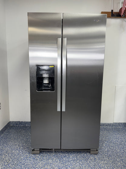 Front view of the Whirlpool WRS315SDHZ 20.5 cu ft Side-by-Side Refrigerator in stainless steel. On sale at Appliance Shark - Scratch & Dent store | Kansas City.